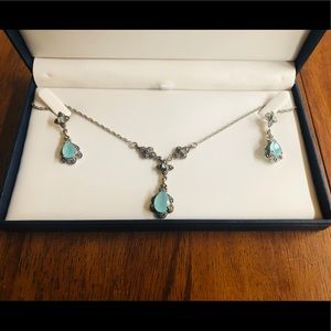 Blue Apatite and Marcasite Necklace & Earring Set